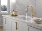 Delta Finnridge Brushed Gold Kitchen Faucet with Pull Down Sprayer, High Pressure ProClean Spray Modern Single Hole Kitchen Sink Faucet, Champagne Bronze 19730LF-CZ