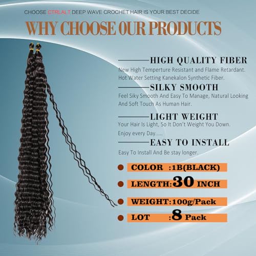 Ocean Wave Crochet Hair For Black Women 24 Inch 8 Packs Deep Wave Curly Braiding Hair Extensions Soft Crul Crochet Hair For Boho Braids(24inch, 8pack, black)…