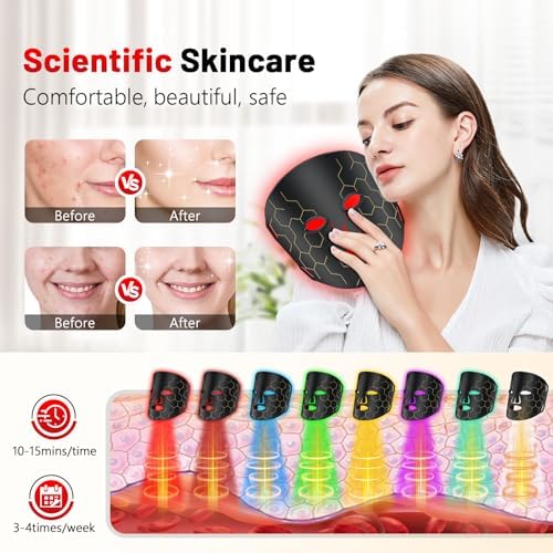 Red Light Therapy Mask for Face, 8-1 Colors Light Facial Skin Care Mask, Red Light Therapy Mask At Home, 660nm&850nm Infrared Light Therapy Device Mask With Timer Remote Control, Relife, Active