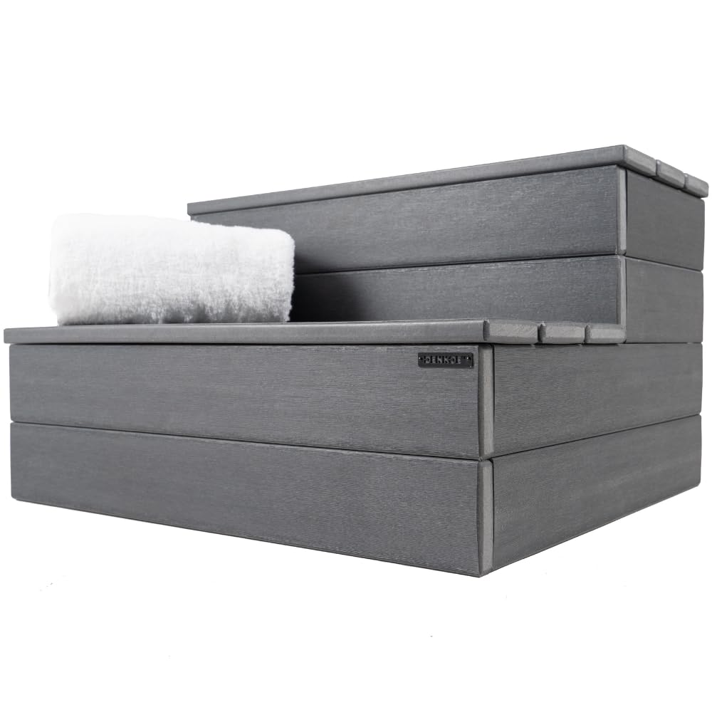 DENKOE Hot Tub Steps - Wood-Looking Plastic, 100% Waterproof, Gray Non-Slip, Heavy Duty Outdoor Spa Stairs - Multi-Use for Porch, Fits Any Size