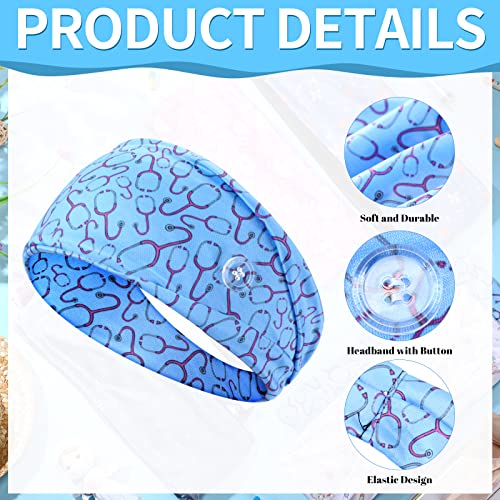 WILLBOND 8 Pieces Nursing Headbands with Buttons for Nurses Doctors Women Face Covering Ear Protection Holder Non Slip Elastic Hair Bands Wide Head Wraps for Spa Yoga Sports Workout (Cute Patterns)