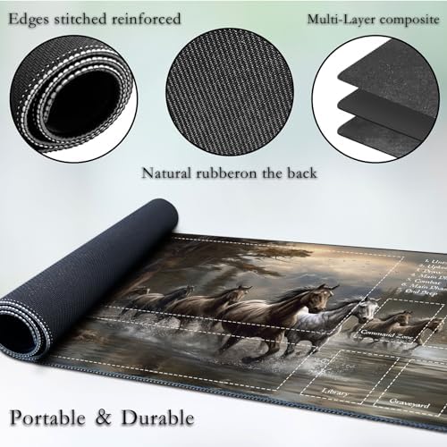 for MTG Game Playmat, for Magic TCG Rubber Play mat,Tabletop Card Playmats with Smooth Surface,Trading Card Inked Game Mat with Zones,Battle Game,Horses in River