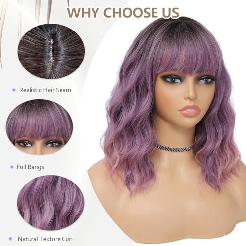 MINLEE Ombre Purple Wig with Bangs for Women 14 Inch Short Bob Wavy Curly Wig Purple Hair Wigs Heat Resistant Synthetic Wigs