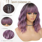 MINLEE Ombre Purple Wig with Bangs for Women 14 Inch Short Bob Wavy Curly Wig Purple Hair Wigs Heat Resistant Synthetic Wigs