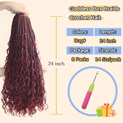 24 Inch Goddess Box Braids Crochet Hair 8 Packs Boho Crochet Braids for Black Women Boho Box Braids Crochet Hair Bohemian Crochet Box Braids Hair Extensions (24inch, Bug#)