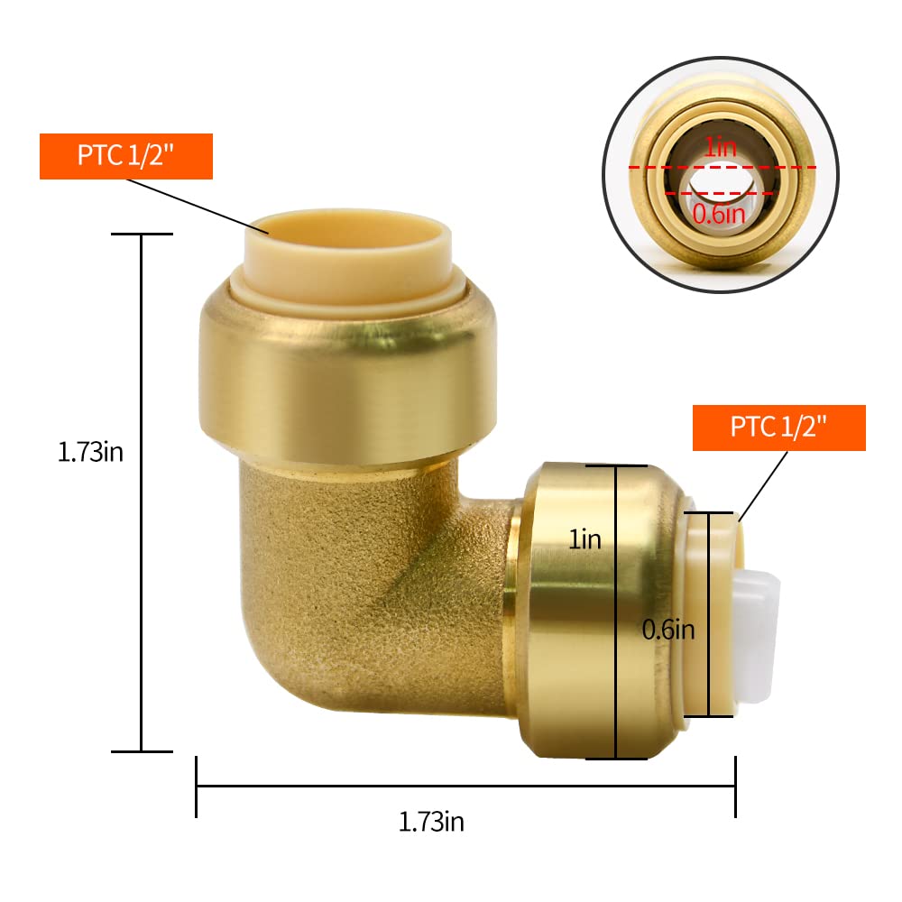 6 Pack Push-to-Connect Plumbing Fittings, 1/2" Pushfit Elbow Fittings with Disconnect Clip for Copper, PEX, CPVC Pipe