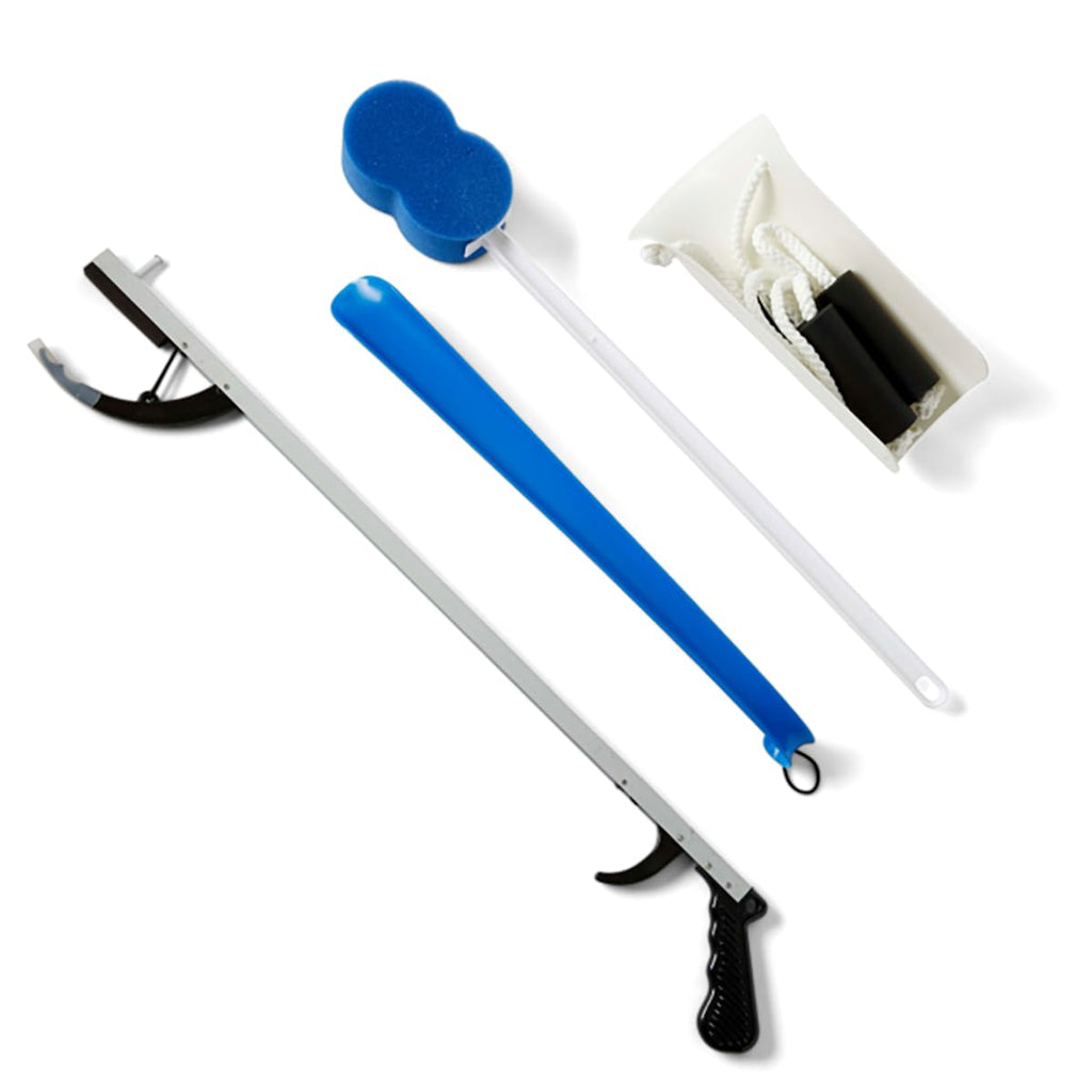 Medline Economy Hip Kit, Mobility Aids Ideal for Hip Surgery Recovery, 4-Pieces, 26" Grabber Reacher, Shoehorn, Sock-Aid, and Contoured Bath Sponge