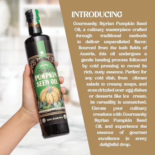 Gourmanity Organic Cold Pressed Styrian Pumpkin Seed Oil 16.9 oz, Traditionally Made in Austria, 100% Pure Healthy and Delicious Oil, Non-GMO, Vegan and Keto Friendly Dietary Supplement