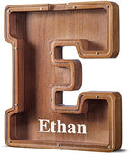 Summidate Customized Name Extra Large Wooden Piggy Bank for Kids Boys Girls Alphabets Letter A-Z Coins Bills Money Change Bank Initial on Clear Cover (Laser Engraved) Educational Toys 12"- Letter E