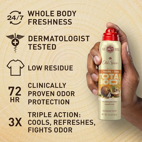 Old Spice Whole Body Deodorant for Men, Total Body Deodorant, Vanilla + Shea, Aluminum Free Deodorant Spray for 24/7 Freshness // Dermatologist Tested Whole Body Deodorant, 3.5 oz