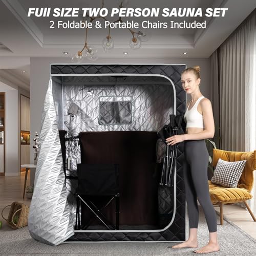 Smartmak Portable Far Infrared Sauna, Home Two Person Sauna Box with 660nm Red Light Therapy Lamp, X-Large Full Size Indoor SPA Tent for Body Recovery, Remote Control, 2 Folding Chairs, Greyborder
