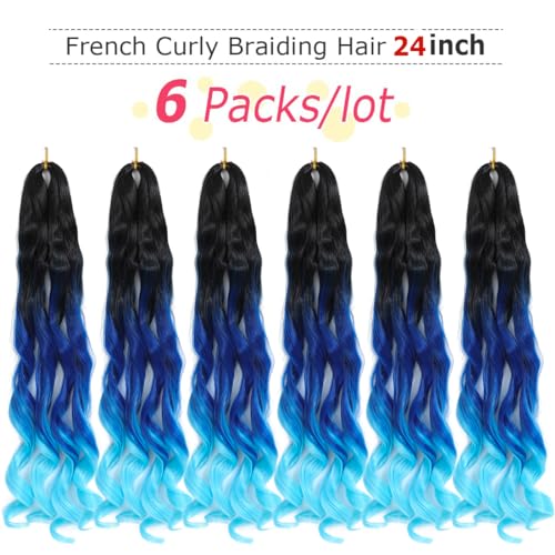 Ombre blue French Curly Braiding Hair 24 Inch 6 Packs Black Loose Wave Bouncy Crochet Hair Pre Stretched 100g/pack Yaki Curly Braiding Hair for Black Women Hair Extensions (Ombre blue)