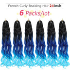 Ombre blue French Curly Braiding Hair 24 Inch 6 Packs Black Loose Wave Bouncy Crochet Hair Pre Stretched 100g/pack Yaki Curly Braiding Hair for Black Women Hair Extensions (Ombre blue)