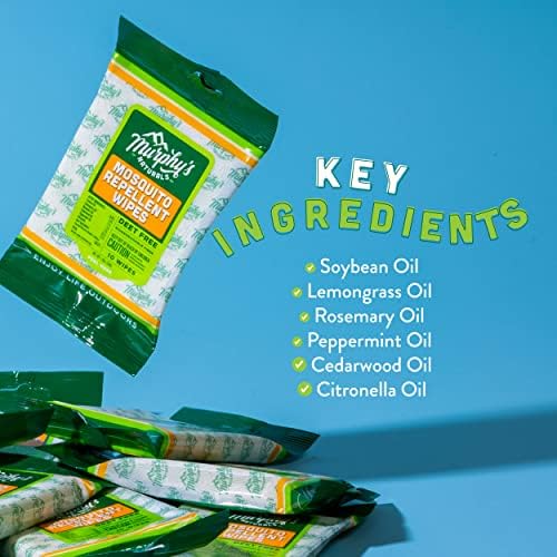Murphy’s Naturals Mosquito Repellent Wipes, Plant-Based with Lemongrass & Rosemary Oil, Fast-Absorbing & Travel-Friendly, DEET-Free, 10 Wipes, 1-Pack