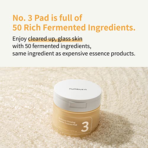 numbuzin No.3 Toner Pads | Radiance Glowing Jumbo Essence Pad | Clear Glass Skin, Texture Care | Biodegradable Vegan Pads, Fermented Ingredients, Niacinamide | 70 pads/5.07 fl. oz.