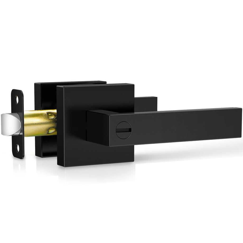 Plustool 1 Pack Matte Black Door Handles, Keyless Interior Door Knobs, Privacy Door Lever Locksets for Bedroom Bathroom, Heavy Duty Square Door Lock, Reversible for Left&Right Handled Doors