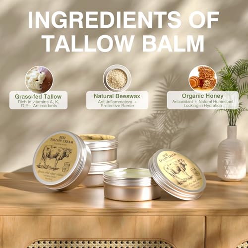 Beef Tallow for Skin, Tallow and Honey Balm,Tallow Face Moisturizer, Natural Organic Grass-Fed Beef Tallow Balm with Raw Honey Moisturizing Cream for Body Lotion Skin Care