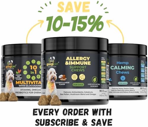 Googipet Dog Allergy Chews, Dog Allergy Relief & Itchy Skin Relief, Skin & Coat Supplement +Bee Pollen, Colostrum for Dogs, Coconut Oil, Probiotics, & Omega 3 Fish Oil to Reduce Constant Scratching