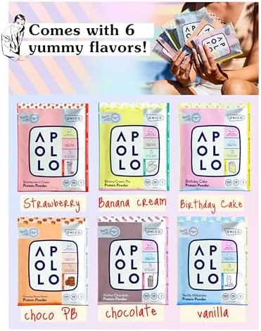 Unico Apollo Protein Powder Samples Variety Pack | Try 6 Flavors in 1 | Convenient Single-Serving Pouches | Non-Chalky Texture | 100% Grass-Fed Whey, Casein and Egg White Protein Formula