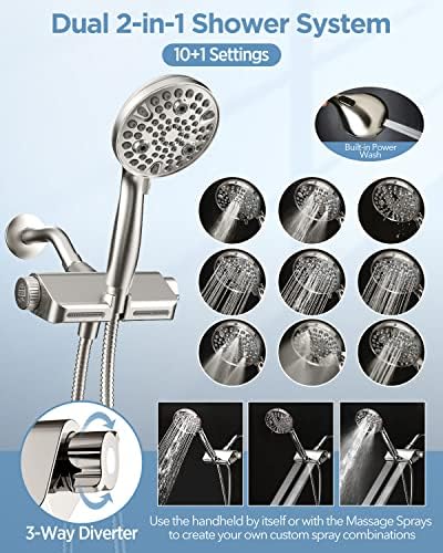 Filtered Shower Head with Handheld Combo Brushed Nickel - Dual 2-in-1 Spa System with Massage Shower Head and 10 Modes Hand Held Shower Head, High Pressure, Buit in Power Wash Mode