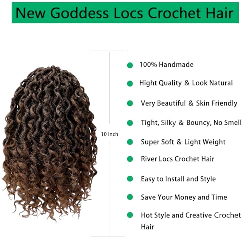 Faux Locs Crochet Hair 10 Inch Ombre Goddess Locs Crochet Hair for Women Soft River Locs Curly Pre Looped Crochet Braids with Curly Ends Boho Hippie Locs Synthetic Hair Extensions(6 packs, 1b/30)