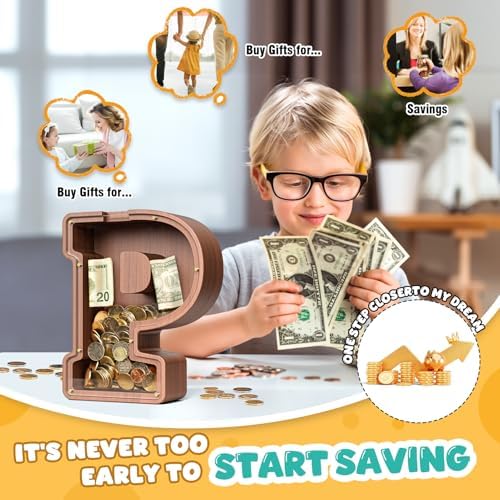 Summidate Wooden Letter Piggy Bank, Extra Thick Large Capacity Piggy Bank for Kids Boys Girls Toddler, Alphabet P Money Bank| Coin Box Birthday, Christmas, Festival
