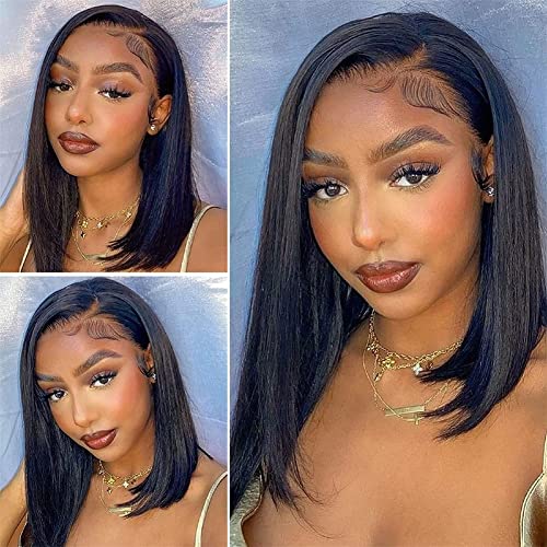 UCUVIC 14 Inch Brazilian Straight Bob Wig Human Hair HD Lace Front Wigs Pre Plucked Glueless Side Part Lace Frontal Bob Wigs 180 Density Ailwelia