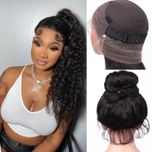 Hidden Strap 360 Glueless Lace Front Wigs Human Hair Pre Plucked Bleached Knots 180 Density Water Wave HD Lace Frontal Wig with Drawstring Curly Full LaceFront Wigs for Women(22 inch)