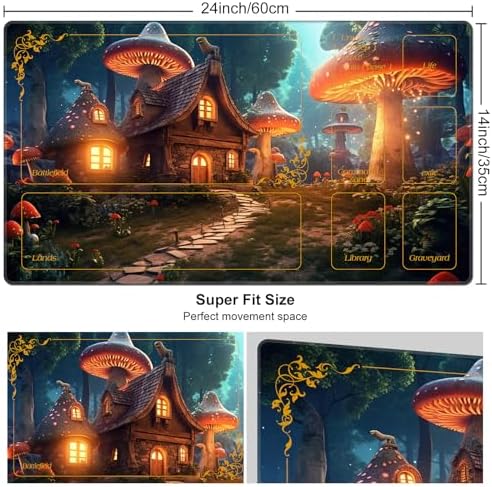 for MTG Playmat with Zones 24 x 14 inches for TCG Playmats Non-Slip Rubber Base Commander Play Mat for Magic The Gathering Playmat Iorcana Trading Card Game, A Magical Mushroom Village