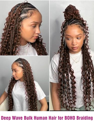 Chocolate Brown Human Braiding Hair Deep Wave Bulk Human Hair for Braiding, 4# Color No Weft Curly Braiding Hair Extensions for Boho Braids Wet and Wavy Braiding Human Hair Bundles(16inch,#4,100g)