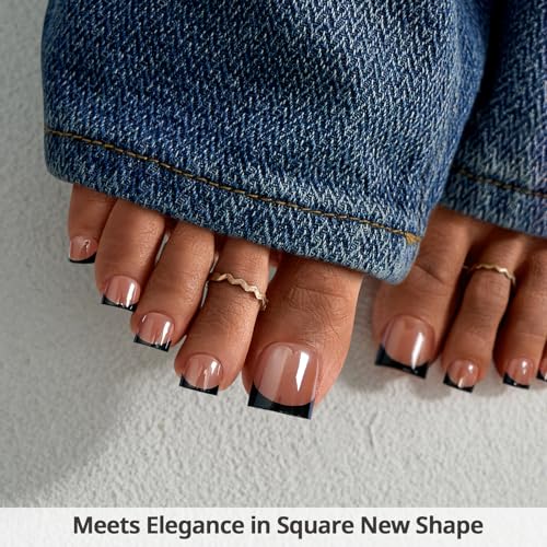 BTArtbox Press On Toenails - Real Square Glaze Black French Tip Toe Nail Press Ons with Glue for Women, Opaque Fake Toe Nail Tips in 15 Sizes - 30 Toenails Kit, Gunmetal