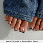 BTArtbox Press On Toenails - Real Square Glaze Black French Tip Toe Nail Press Ons with Glue for Women, Opaque Fake Toe Nail Tips in 15 Sizes - 30 Toenails Kit, Gunmetal