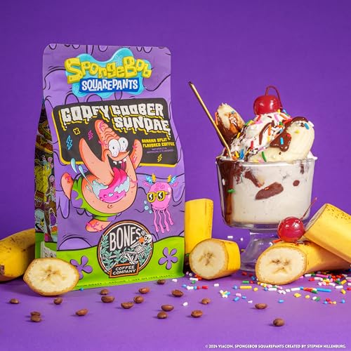Bones Coffee Company Spongebob Goofy Goober Sundae Flavored Coffee Beans, Whole Bean Coffee Medium Roast Low Acid, Banana Split Flavor (12 oz)