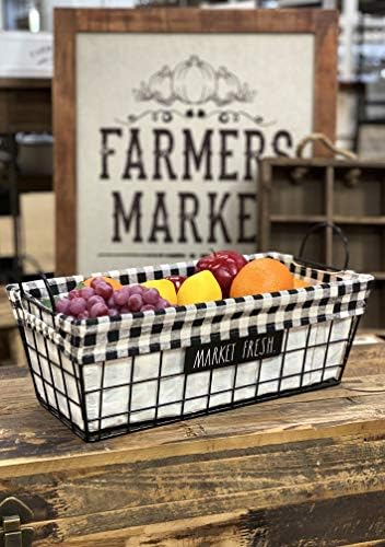 Rae Dunn ‘Market Fresh’ Metal Lined Basket - Rustic, Farmhouse, Vintage Style with Wire and Fabric - Storage Organizer for Kitchen, Pantry, Laundry Room, Closet, Nursery, Office - Cute Home Décor