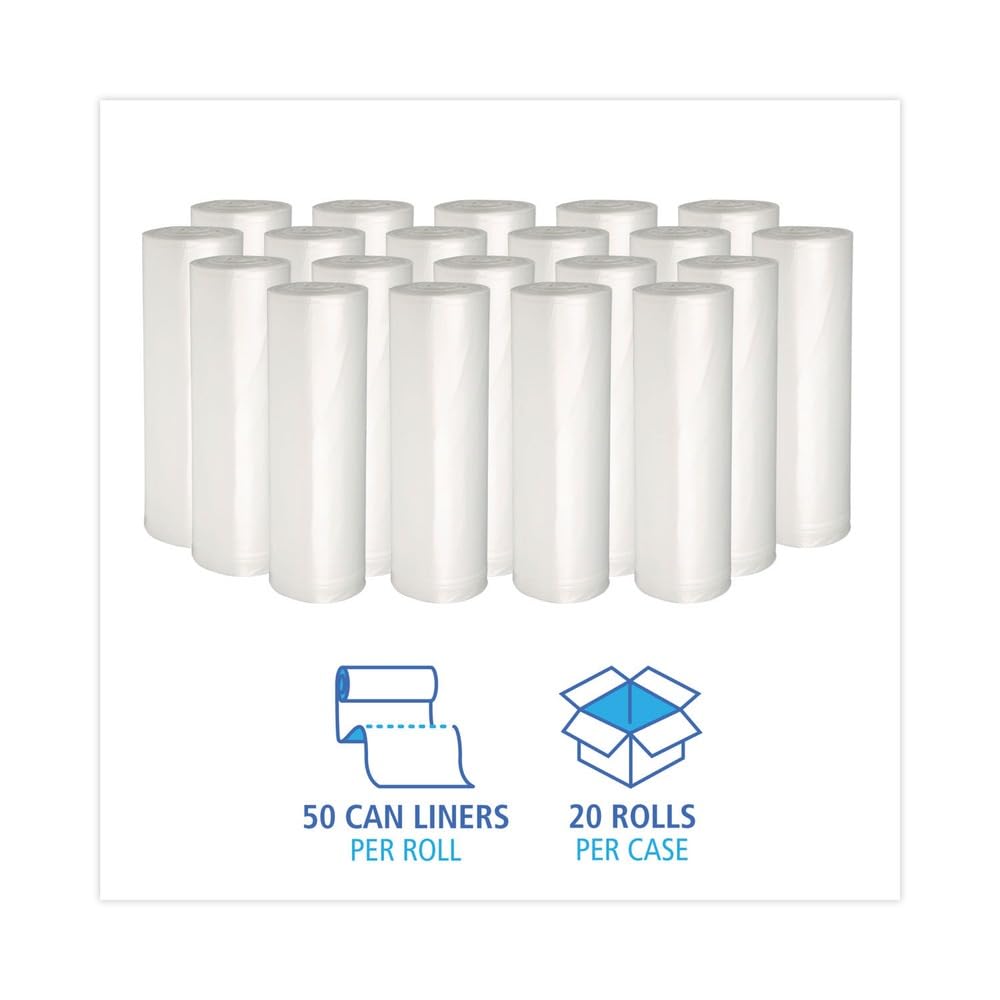 Boardwalk 16 Gallon High-Density Can Liners - 1000 Count Bulk Commercial Trash Bags, 6 Micron Star-Seal, Coreless Perforated Roll, Clear (24"x33")