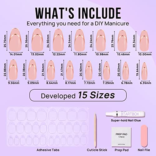 BTArtbox Press on Nails Long - Rose Gold Outline Designed French Tip Press on Nails, Coffin Glue On Nails, Reusable Soft Gel Stick On Nails with Nail Glue in 15 Sizes, Gilded French