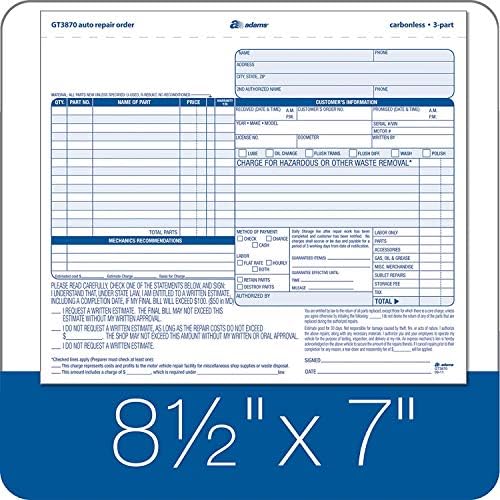 Adams Auto Repair Order Forms, 8.5 x 7.44 Inch, 3-Part, Carbonless, 50-Pack, White and Canary (GT3870) - 4 Pack