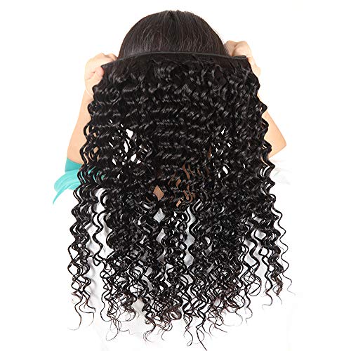 Brazilian Hair Deep Wave 3 Bundles with Frontal 13x4 Free Part Lace Frontal 100% Virgin Human Hair Bundles Brazilian Hair Extensions Natural Black Color (16 18 20+14)