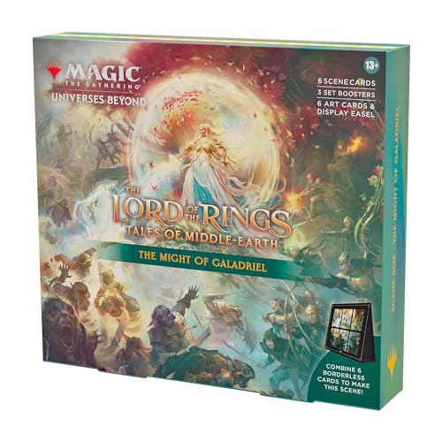 Magic The Gathering The Lord of The Rings: Tales of Middle-Earth Scene Box - The Might of Galadriel (6 Scene Cards, 6 Art Cards, 3 Set Boosters + Display Easel)