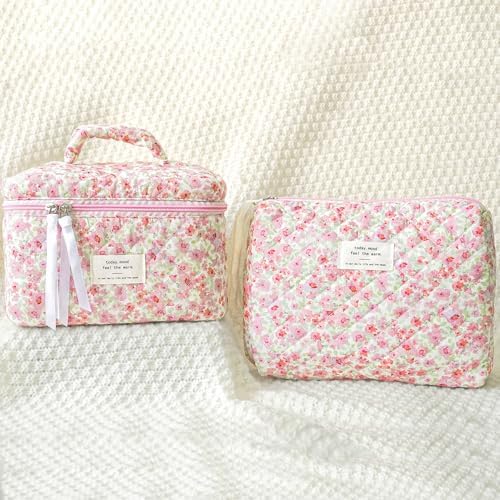 Makeup Bag Large Travel Quilted Cosmetic Makeup Bag Organizer, Floral Cotton Coquette Aesthetic Toiletry Bag for Women Girls (Pink Floral-L)