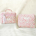 Makeup Bag Large Travel Quilted Cosmetic Makeup Bag Organizer, Floral Cotton Coquette Aesthetic Toiletry Bag for Women Girls (Pink Floral-L)