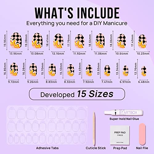 BTArtbox Press On Nails Short - Halloween Press On Nails Oval Fake Nails with Nail Glue, Fit Perfectly & Natural False Nails in 15 Sizes Soft Gel Glue On Nails Kit, Waves Chess