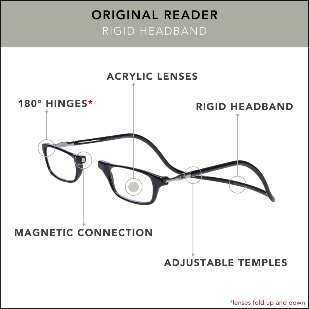 Clic Magnetic Reading Glasses for Men or Women, Computer Readers, Original (S-M, Black, 2.00 Magnification)