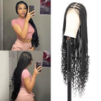 36 Inch 13X8 HD Lace Front Box Braided Wigs With Boho Curly Ends Knotless Braided Wig For Women Human Hair Blended Braids Lace Front Wig With Baby Hair Natural Black