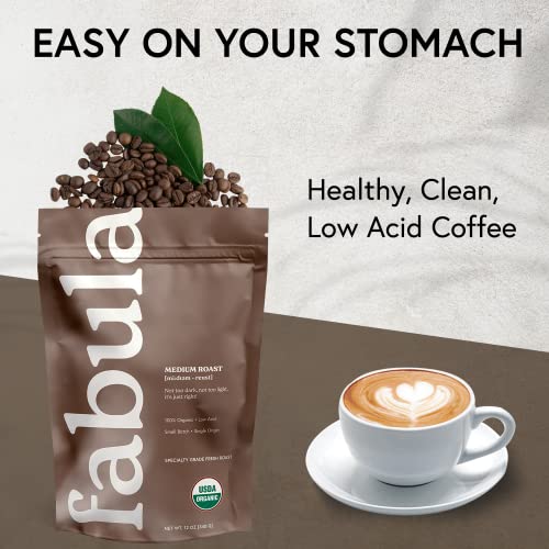Fabula Low Acid Coffee Beans Whole, USDA Organic Coffee Beans Medium Roast - Non-GMO - No Molds - Mycotoxins Pesticides Free - Single Origin Coffee - 12 oz