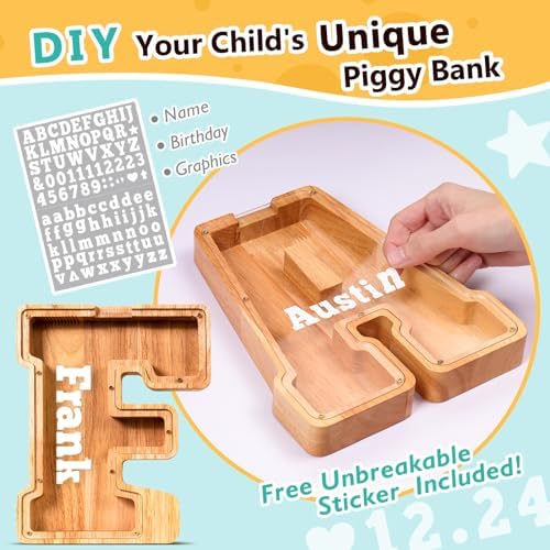 SummiDate Wooden Letter Piggy Bank| Piggy Bank for Boys Girls Toddler| Alphabet F Money Bank| Coin Bank Birthday Gift for Kids|Birthday Gift for Kids (F)