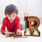 Summidate Customized Name Extra Large Wooden Piggy Bank for Kids Boys Girls Alphabets Letter A-Z Coins Bills Money Change Saving Box Clear Cover (Laser Engraved) Educational Toys 12"- Letter R