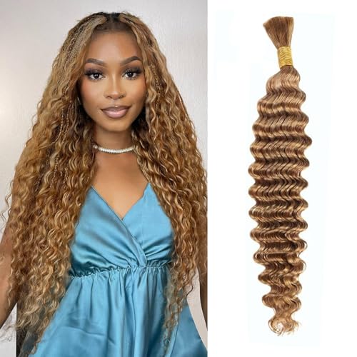 Blonde Human Braiding Hair for Boho Braids 1 Bundle 55g 18 Inch #27 Deep Wave Bulk Human Boho Hair for Braiding No Weft Bundle 100% Brazilian Virgin Hair Extensions Curly for Boho Knotless Braids