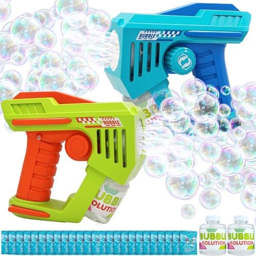 Bubble Gun 2 Packs for Kids, Automatic Bubble Machine with 2 Bottles &25 Bags Refill Solution, Bubble Maker Gifts for Kids, Outdoor Game Toys for Boys&Girls Ages 3+ (Blue&Green(10-Hole))