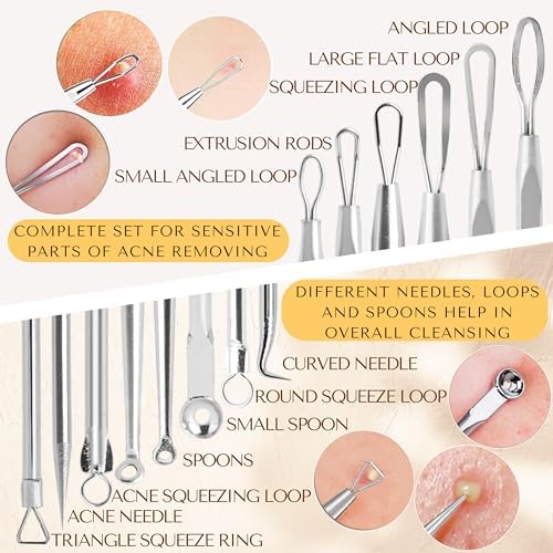 [16 Pcs] Blackhead Remover Tools 2025 Latest Pimple Popper Tool Kit | Stainless Steel Professional Pimple Extractor Tool Kit for Blackheads, Blemish, Comdone, Acne, Zit, and Whiteheads for Face & Nose